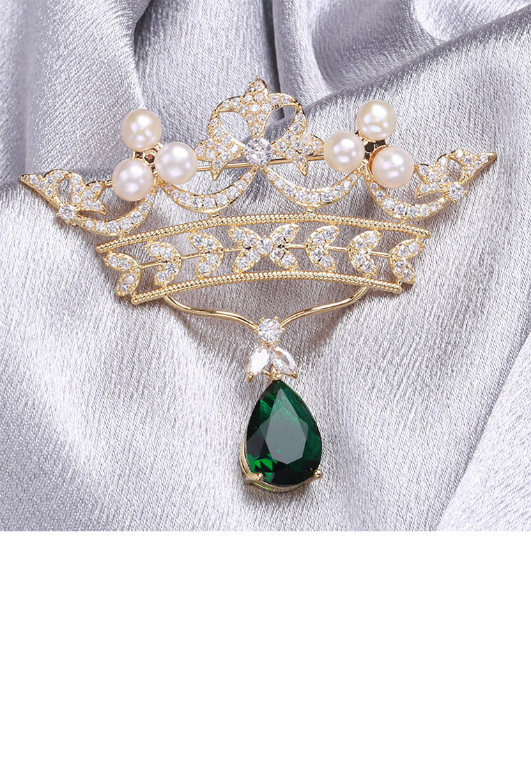 Fashion Temperament Plated Gold Crown Imitation Pearl Brooch with Cubic Zirconia - Luxurious Look