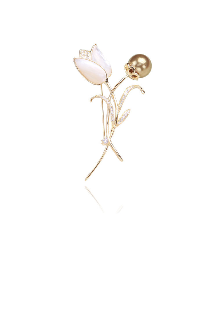 Elegant Temperament Plated Gold Tulip Gold Imitation Pearl Brooch with Cubic Zirconia - Luxurious Look