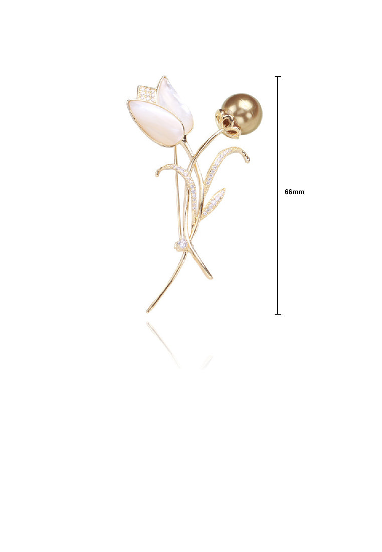Elegant Temperament Plated Gold Tulip Gold Imitation Pearl Brooch with Cubic Zirconia - Luxurious Look