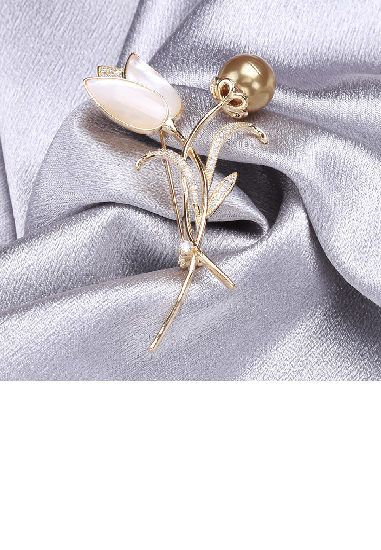 Elegant Temperament Plated Gold Tulip Gold Imitation Pearl Brooch with Cubic Zirconia - Luxurious Look