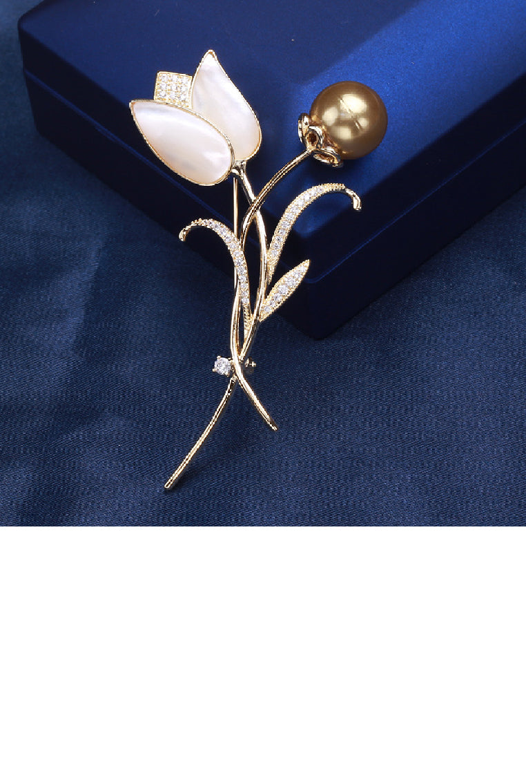 Elegant Temperament Plated Gold Tulip Gold Imitation Pearl Brooch with Cubic Zirconia - Luxurious Look