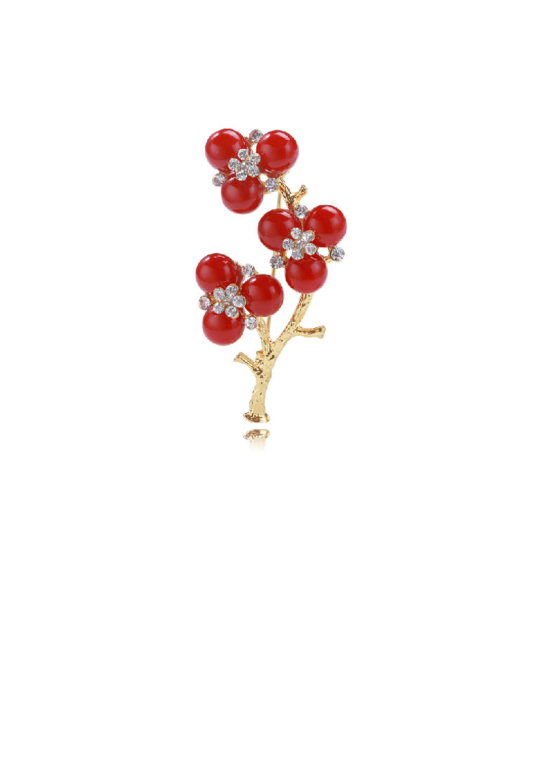 Fashion Temperament Plated Gold Plum Red Imitation Pearl Brooch with Cubic Zirconia - Luxurious Look - Vibrant Color
