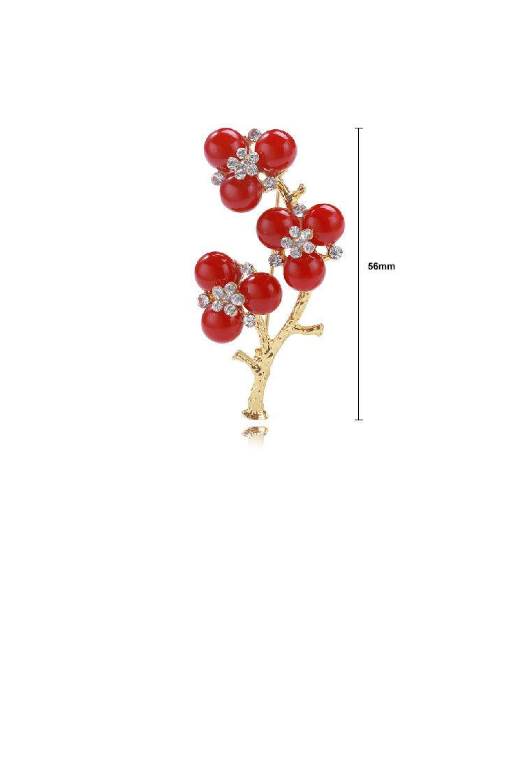 Fashion Temperament Plated Gold Plum Red Imitation Pearl Brooch with Cubic Zirconia - Luxurious Look - Vibrant Color