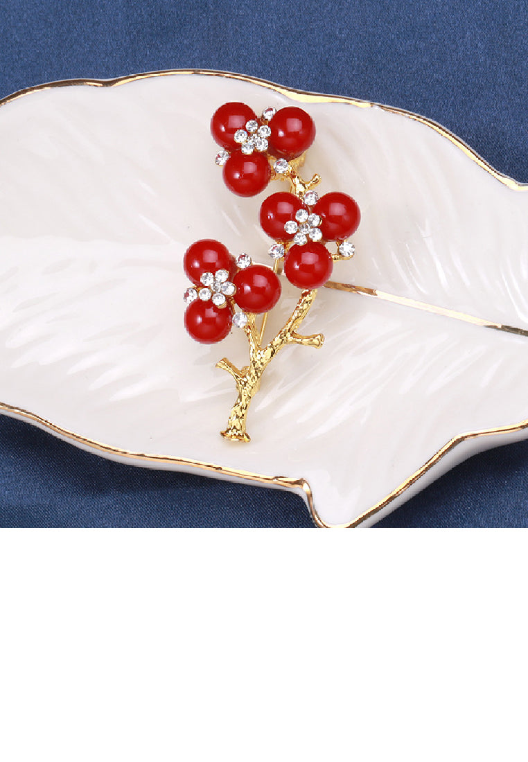 Fashion Temperament Plated Gold Plum Red Imitation Pearl Brooch with Cubic Zirconia - Luxurious Look - Vibrant Color