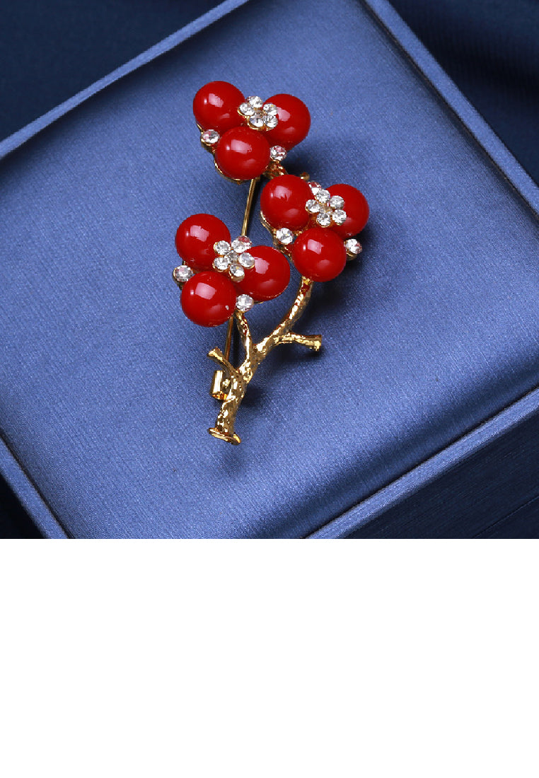 Fashion Temperament Plated Gold Plum Red Imitation Pearl Brooch with Cubic Zirconia - Luxurious Look - Vibrant Color