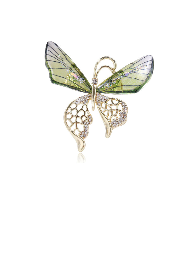 Fashion and Elegant Plated Gold Green Butterfly Brooch with Cubic Zirconia - Luxurious Look