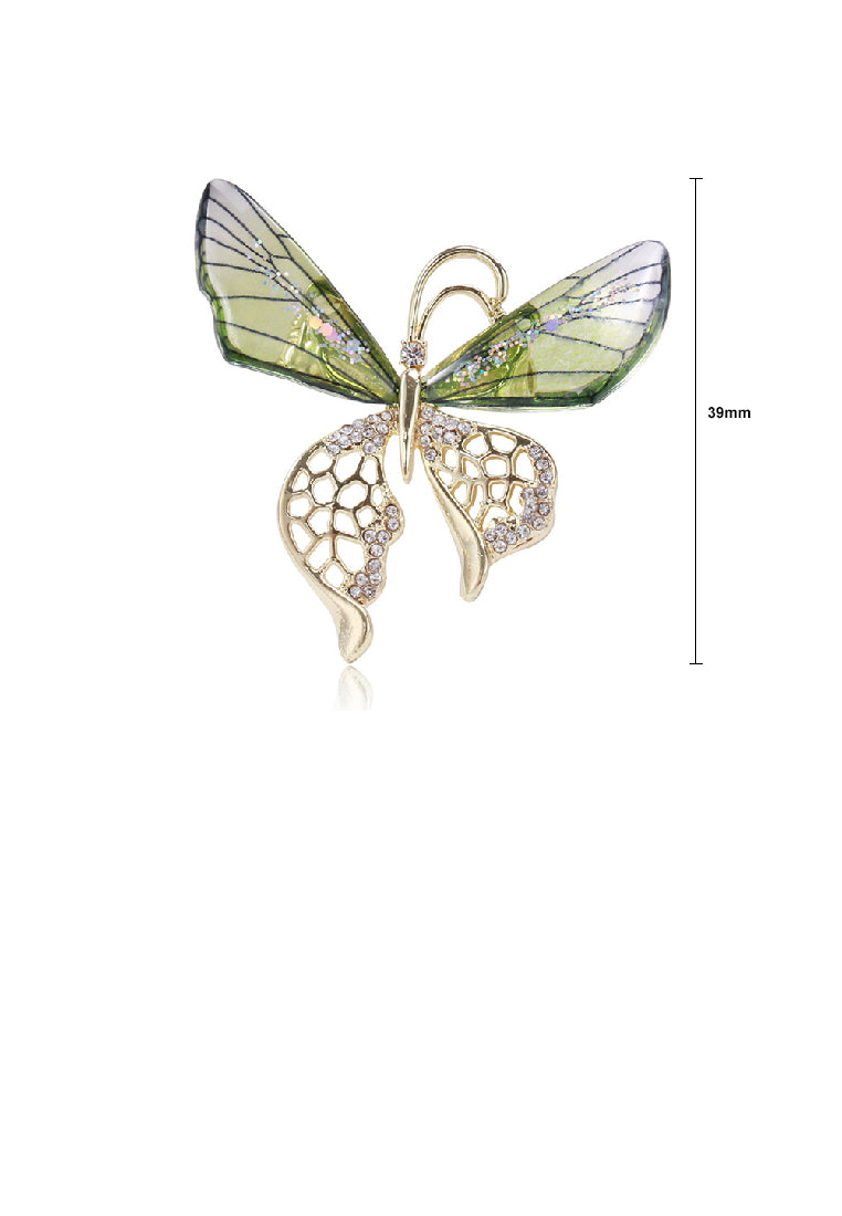 Fashion and Elegant Plated Gold Green Butterfly Brooch with Cubic Zirconia - Luxurious Look
