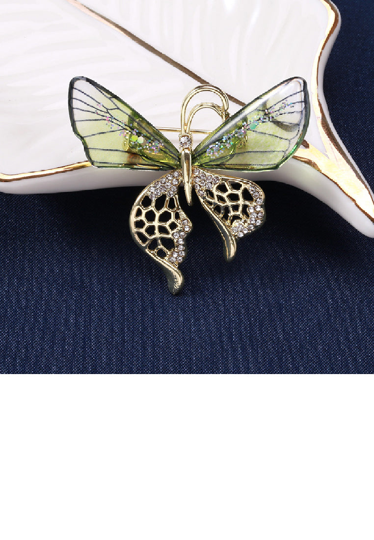 Fashion and Elegant Plated Gold Green Butterfly Brooch with Cubic Zirconia - Luxurious Look