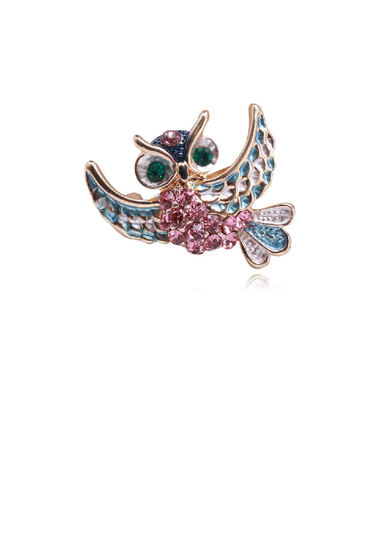 Fashion Lovely Plated Gold Owl Brooch with Pink Cubic Zirconia - Luxurious Look - Vibrant Color