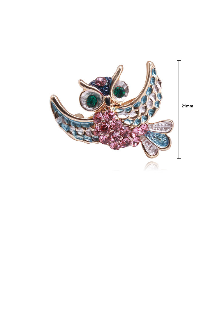 Fashion Lovely Plated Gold Owl Brooch with Pink Cubic Zirconia - Luxurious Look - Vibrant Color
