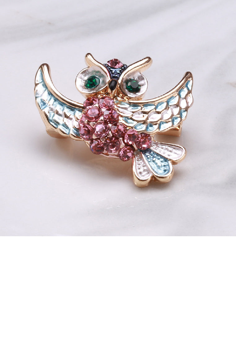 Fashion Lovely Plated Gold Owl Brooch with Pink Cubic Zirconia - Luxurious Look - Vibrant Color