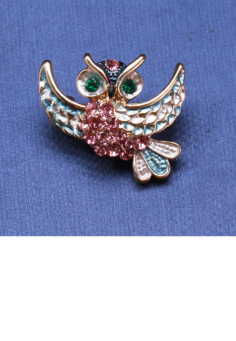 Fashion Lovely Plated Gold Owl Brooch with Pink Cubic Zirconia - Luxurious Look - Vibrant Color