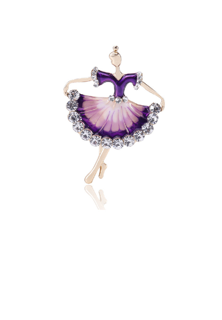 Fashion Creative Plated Gold Dancing Girl Enamel Purple Skirt Brooch with Cubic Zirconia - Luxurious Look