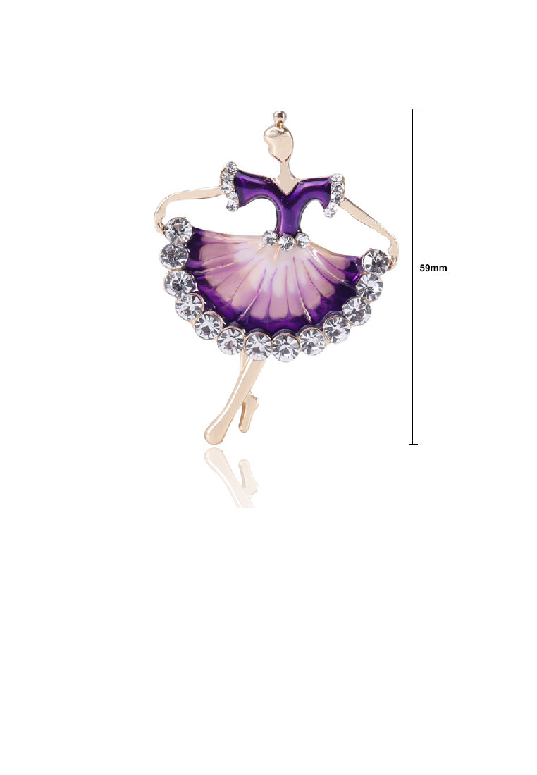 Fashion Creative Plated Gold Dancing Girl Enamel Purple Skirt Brooch with Cubic Zirconia - Luxurious Look
