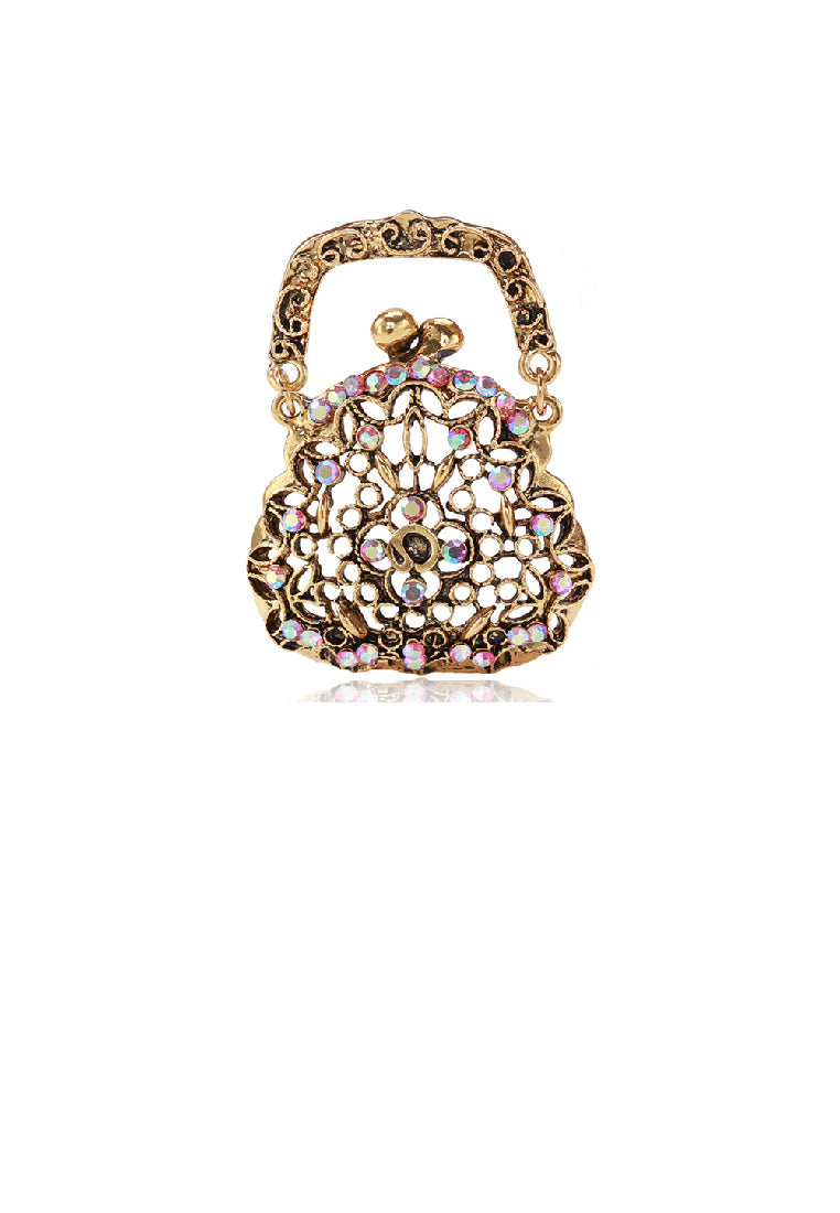 Fashion Vintage Plated Gold Hollow Handbag Brooch with Pink Cubic Zirconia - Luxurious Look - Vibrant Color