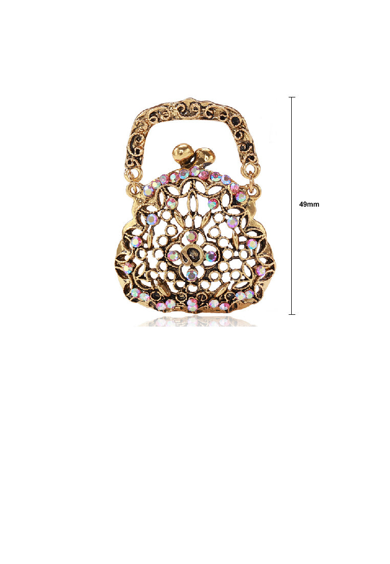 Fashion Vintage Plated Gold Hollow Handbag Brooch with Pink Cubic Zirconia - Luxurious Look - Vibrant Color