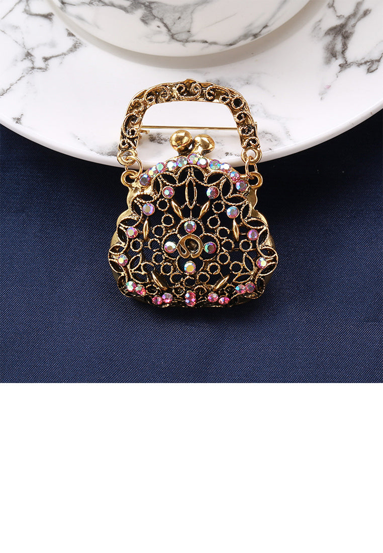 Fashion Vintage Plated Gold Hollow Handbag Brooch with Pink Cubic Zirconia - Luxurious Look - Vibrant Color