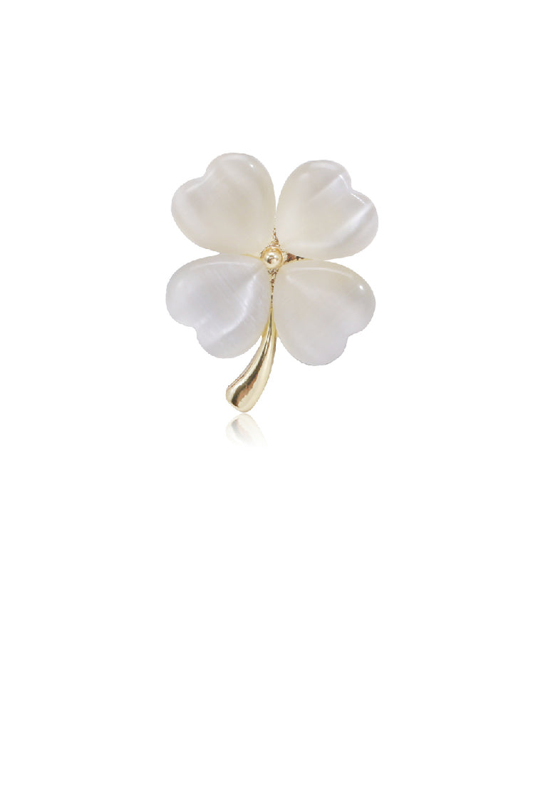 Simple Temperament Plated Gold Four-leafed Clover Imitation Opal Brooch