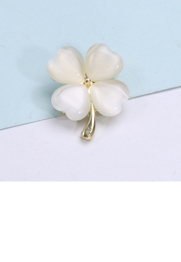 Simple Temperament Plated Gold Four-leafed Clover Imitation Opal Brooch
