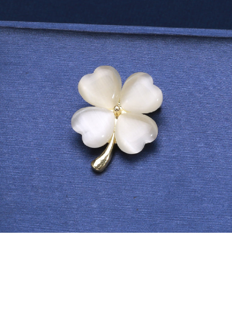 Simple Temperament Plated Gold Four-leafed Clover Imitation Opal Brooch