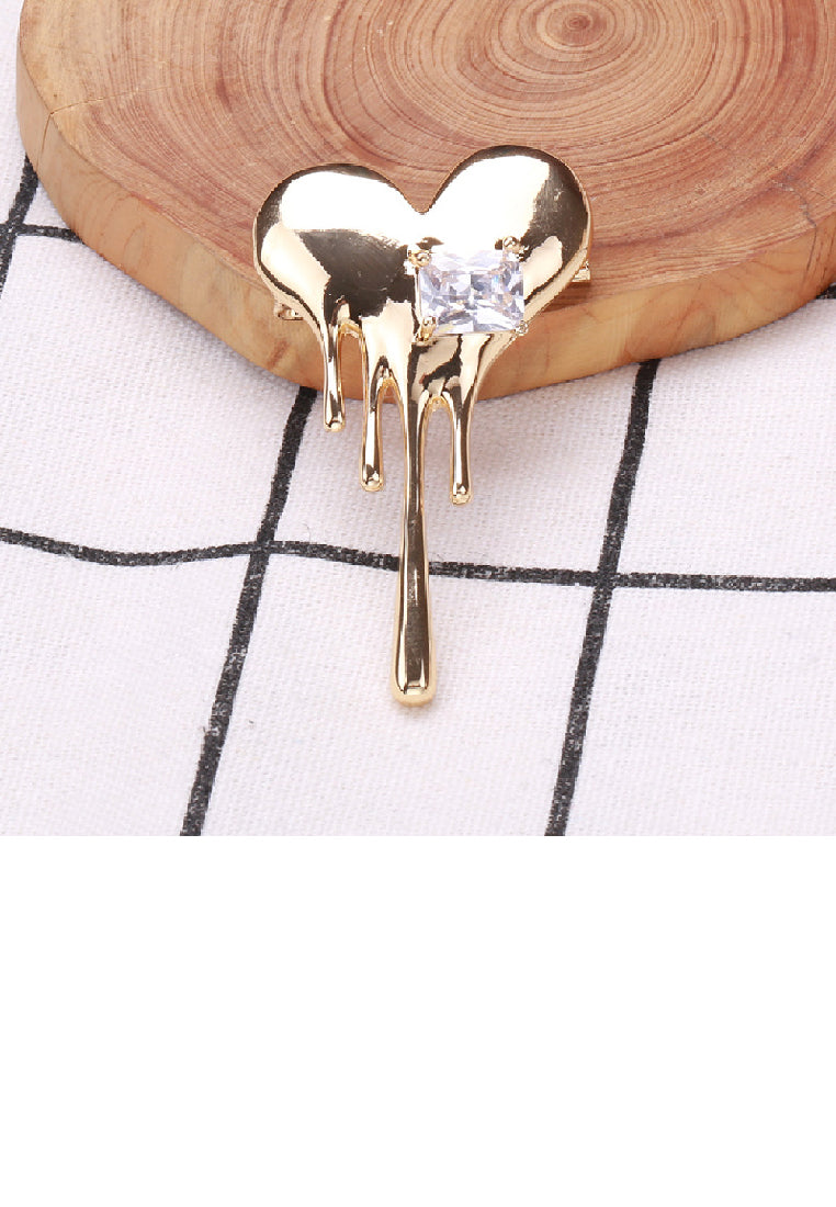 Fashion Simple Plated Gold Melted Heart Brooch with Cubic Zirconia - Luxurious Look