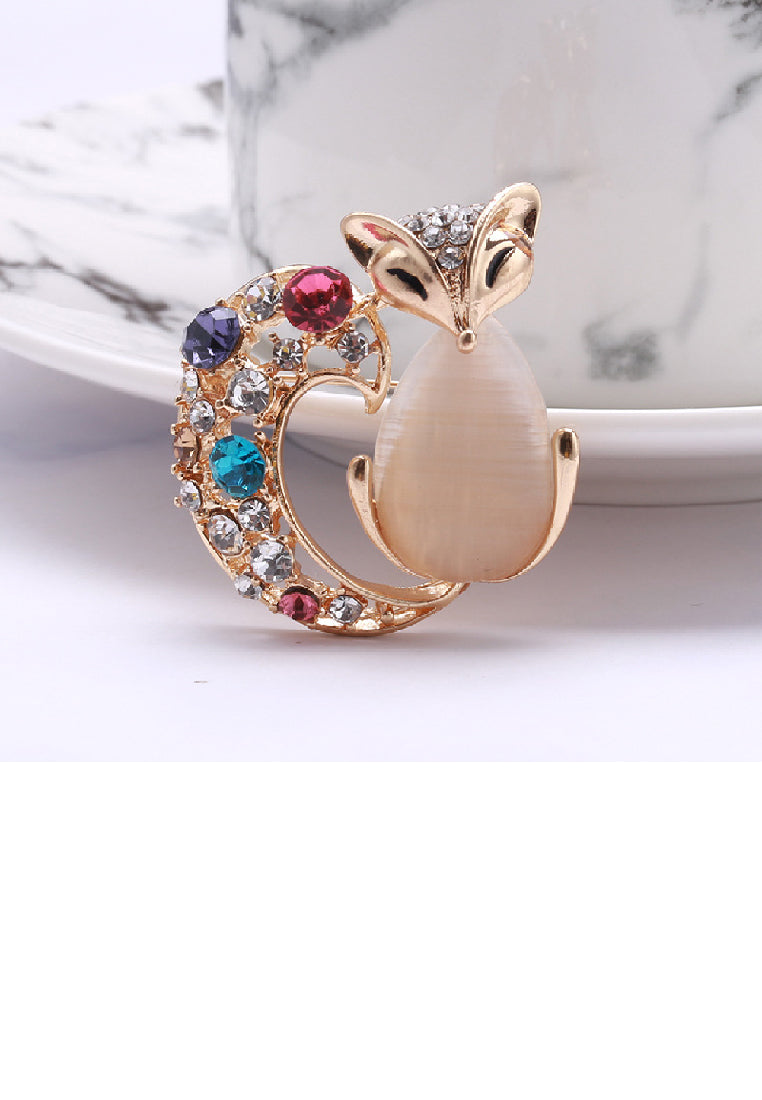 Fashion Personality Plated Gold Fox Imitation Opal Brooch with Cubic Zirconia - Luxurious Look