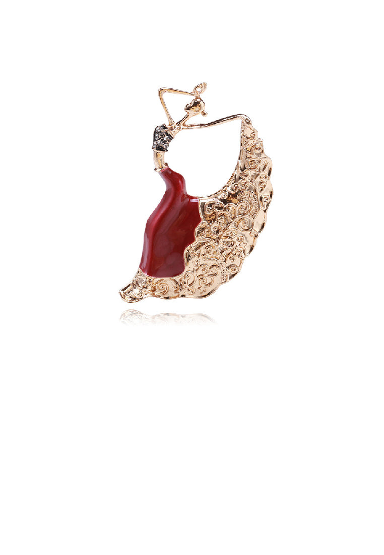 Fashion Elegant Plated Gold Enamel Red Dancing Beauty Brooch with Cubic Zirconia - Luxurious Look - Vibrant Color