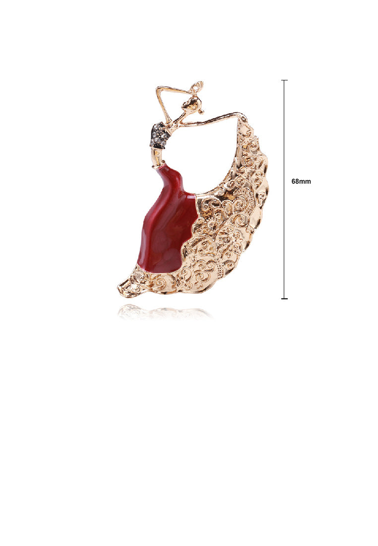 Fashion Elegant Plated Gold Enamel Red Dancing Beauty Brooch with Cubic Zirconia - Luxurious Look - Vibrant Color