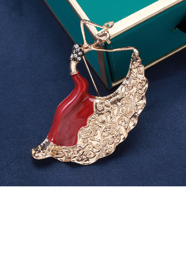 Fashion Elegant Plated Gold Enamel Red Dancing Beauty Brooch with Cubic Zirconia - Luxurious Look - Vibrant Color
