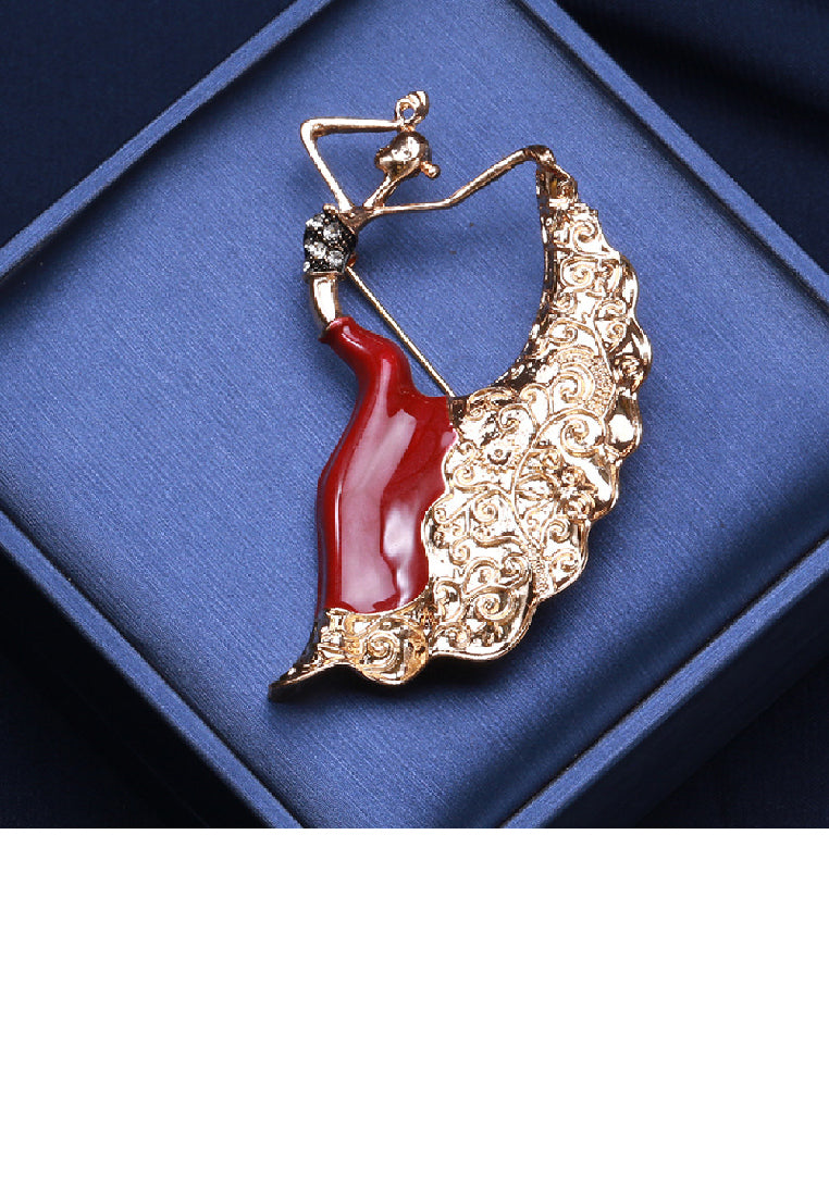 Fashion Elegant Plated Gold Enamel Red Dancing Beauty Brooch with Cubic Zirconia - Luxurious Look - Vibrant Color