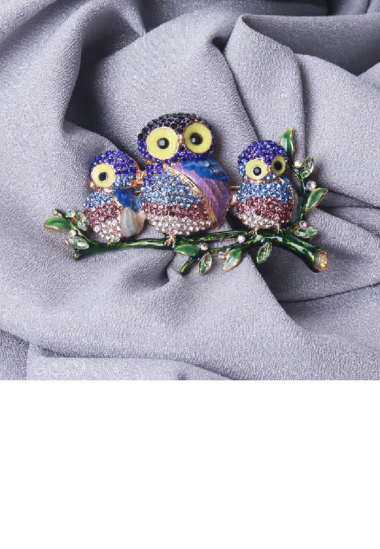 Fashion Brilliant Plated Gold Enamel Owl Brooch with Cubic Zirconia - Luxurious Look