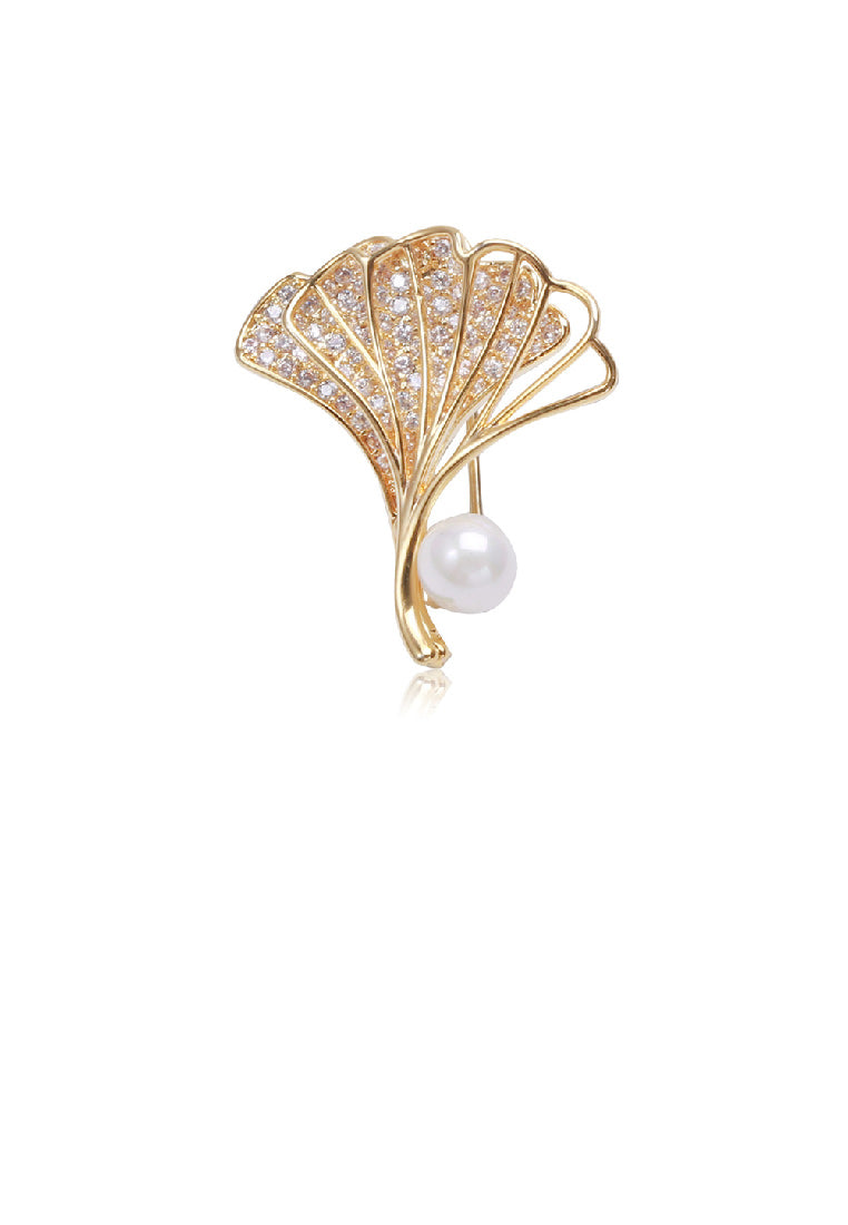 Fashion and Elegant Plated Gold Ginkgo Leaf Imitation Pearl Brooch with Cubic Zirconia - Luxurious Look