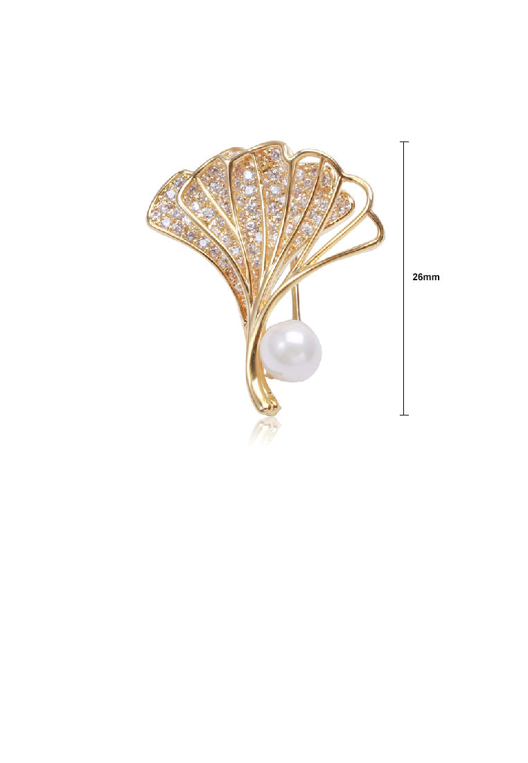 Fashion and Elegant Plated Gold Ginkgo Leaf Imitation Pearl Brooch with Cubic Zirconia - Luxurious Look