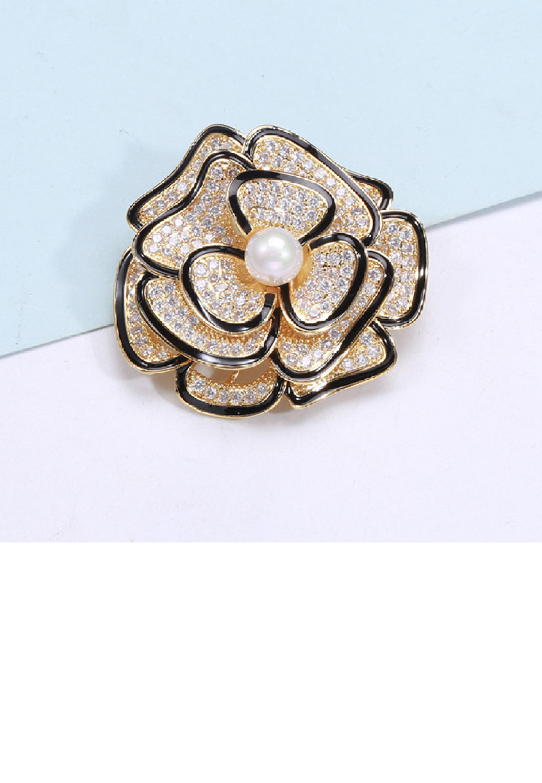 Fashion and Elegant Plated Gold Camellia Imitation Pearl Brooch with Cubic Zirconia - Luxurious Look