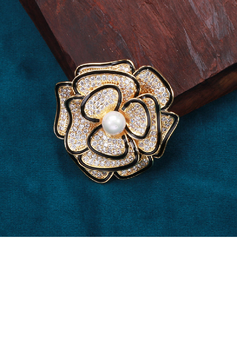 Fashion and Elegant Plated Gold Camellia Imitation Pearl Brooch with Cubic Zirconia - Luxurious Look