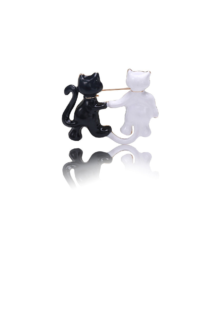 Simple Lovely Plated Gold Enamel Black and White Cat Brooch