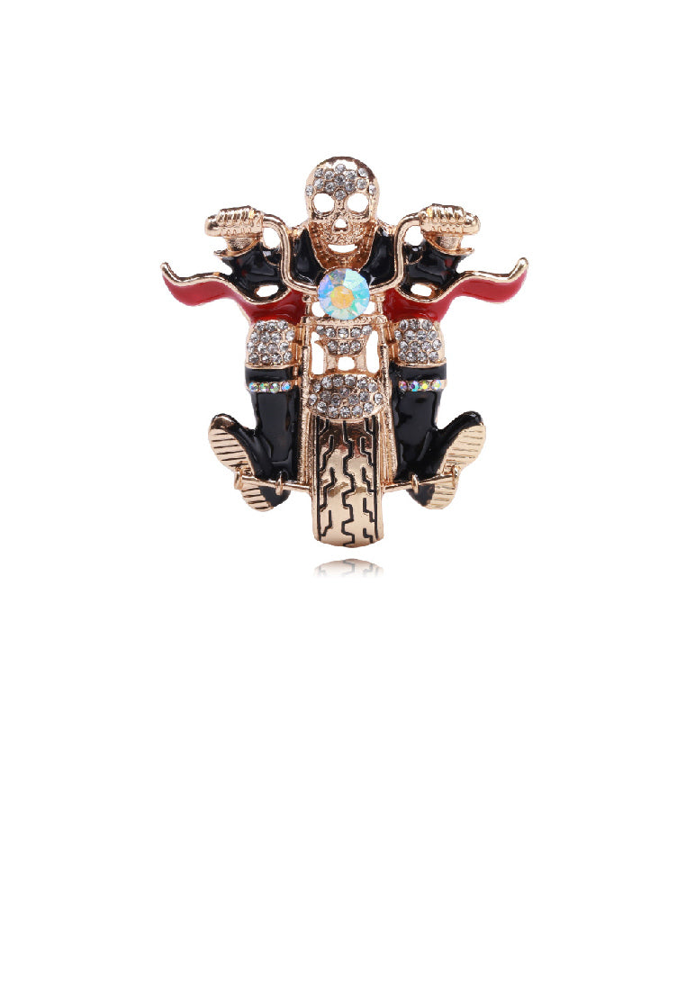 Fashion Personality Plated Gold Skull Motorcycle Brooch with Cubic Zirconia - Luxurious Look