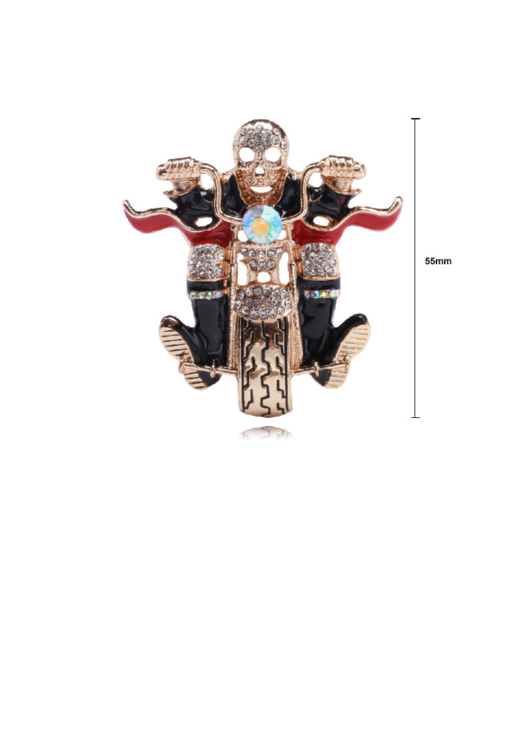 Fashion Personality Plated Gold Skull Motorcycle Brooch with Cubic Zirconia - Luxurious Look