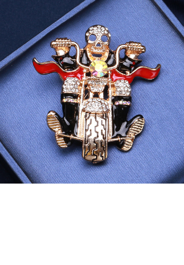 Fashion Personality Plated Gold Skull Motorcycle Brooch with Cubic Zirconia - Luxurious Look