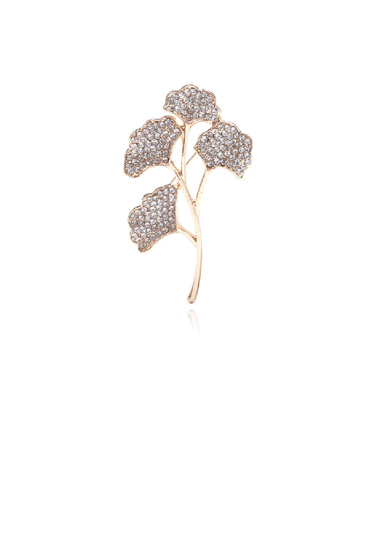 Fashion and Elegant Plated Gold Ginkgo Leaf Brooch with Cubic Zirconia - Luxurious Look