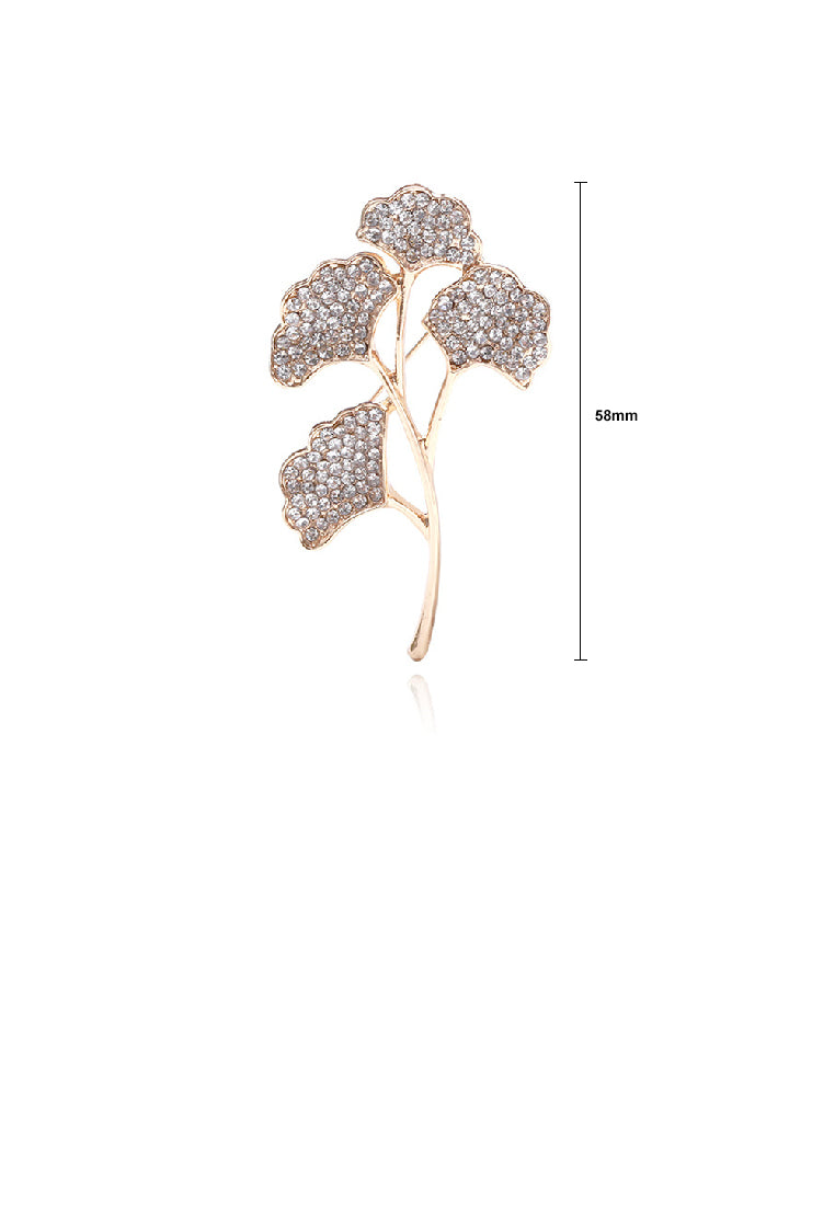 Fashion and Elegant Plated Gold Ginkgo Leaf Brooch with Cubic Zirconia - Luxurious Look