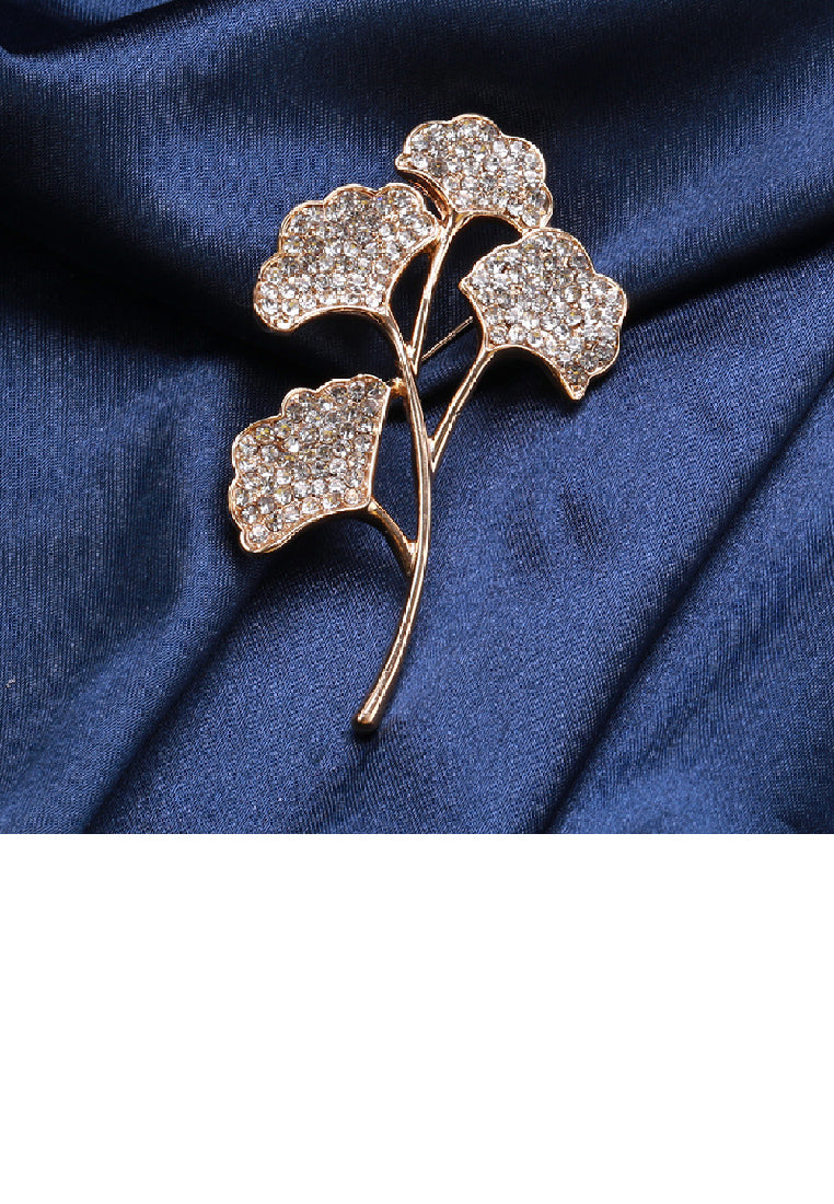 Fashion and Elegant Plated Gold Ginkgo Leaf Brooch with Cubic Zirconia - Luxurious Look