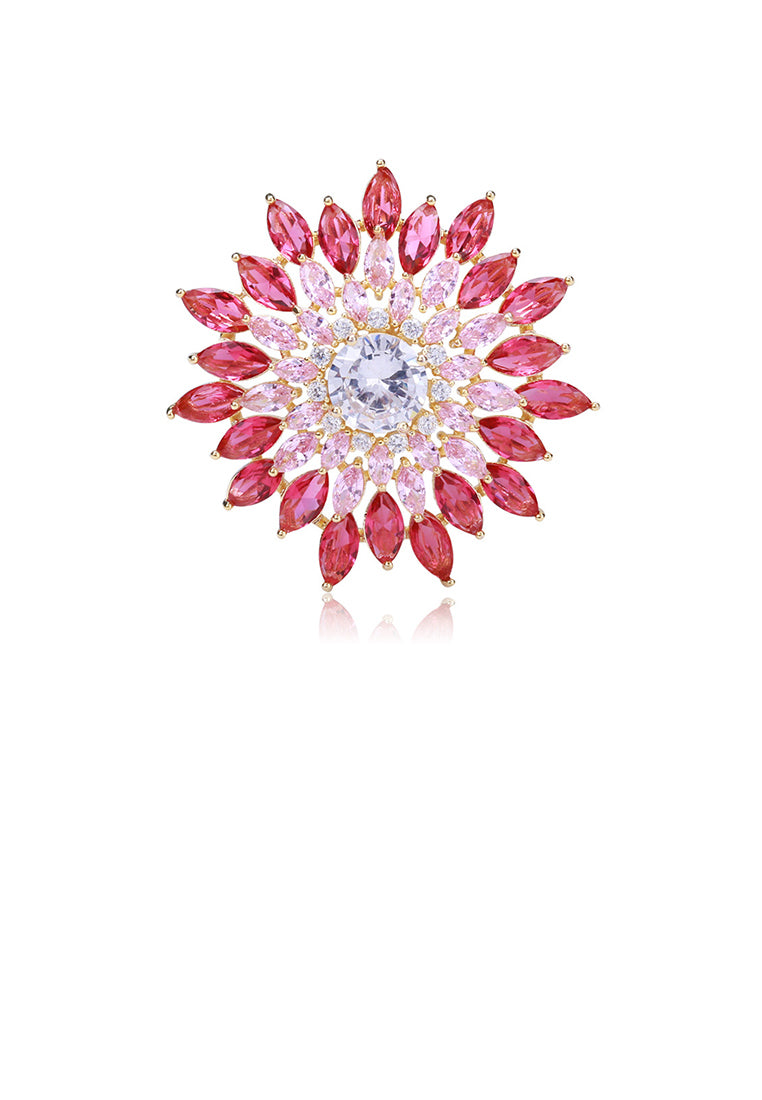 Elegant Brilliant Plated Gold Flower Brooch with Pink Cubic Zirconia - Luxurious Look - Vibrant Color