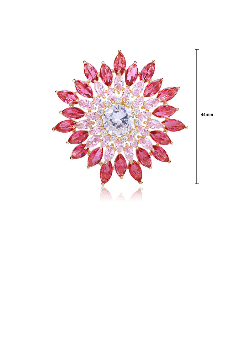Elegant Brilliant Plated Gold Flower Brooch with Pink Cubic Zirconia - Luxurious Look - Vibrant Color