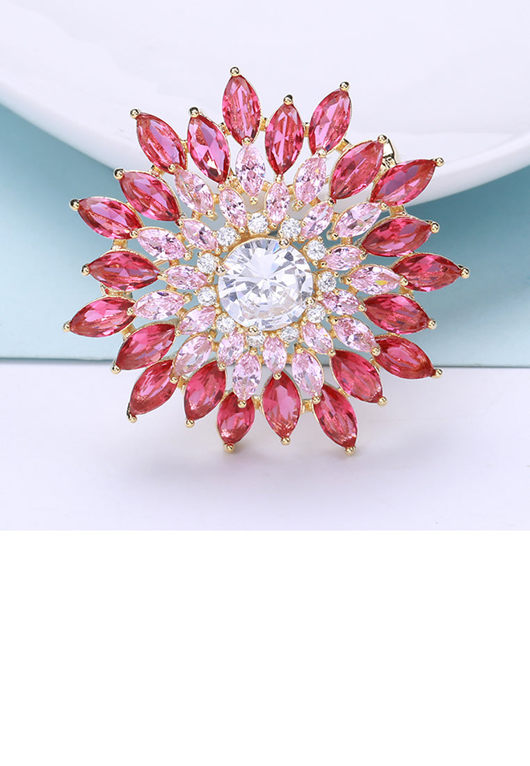 Elegant Brilliant Plated Gold Flower Brooch with Pink Cubic Zirconia - Luxurious Look - Vibrant Color
