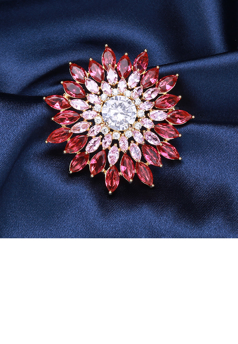 Elegant Brilliant Plated Gold Flower Brooch with Pink Cubic Zirconia - Luxurious Look - Vibrant Color
