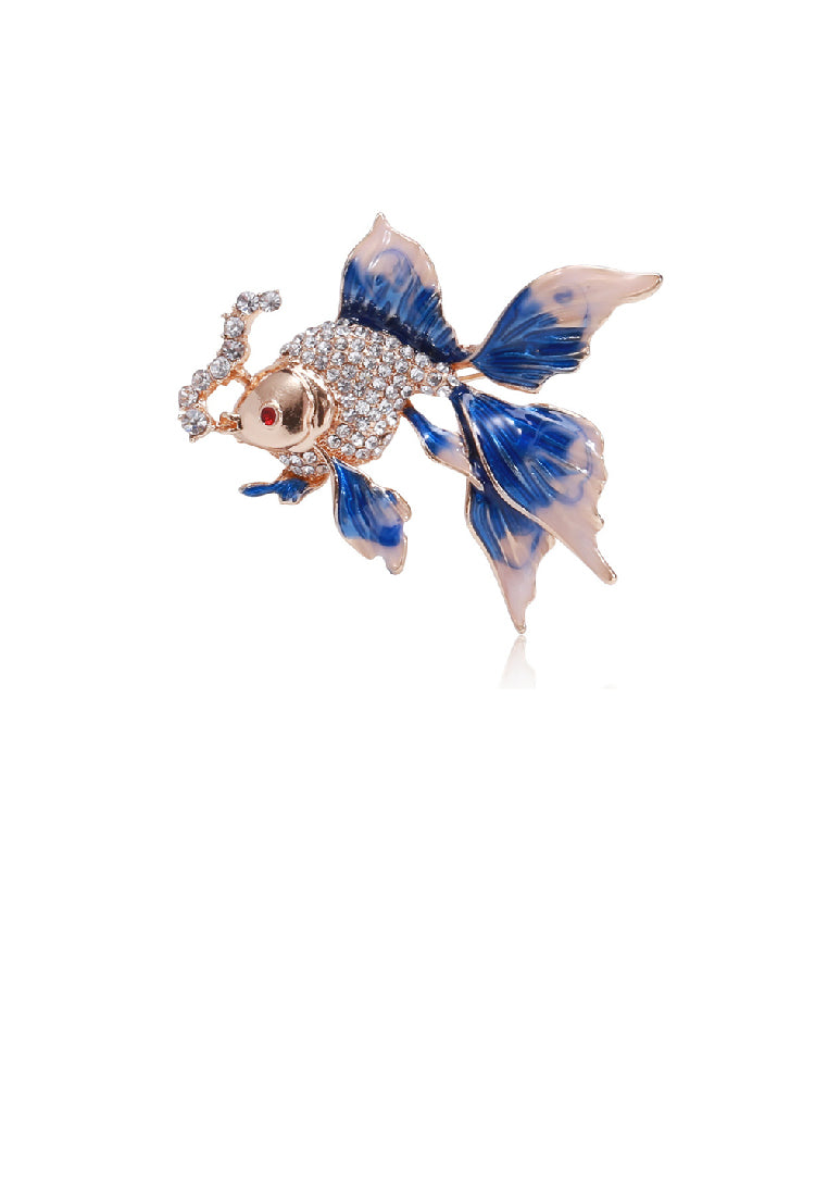 Fashion Lovely Plated Gold Enamel Blue Goldfish Brooch with Cubic Zirconia - Luxurious Look