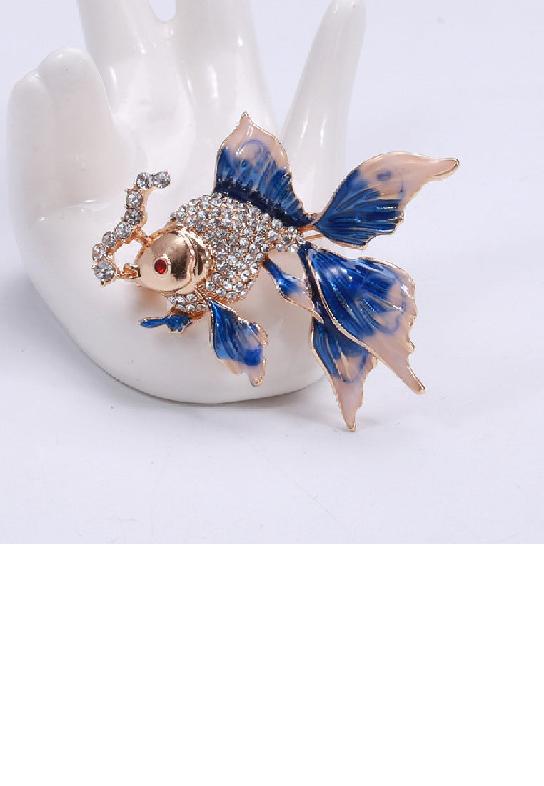 Fashion Lovely Plated Gold Enamel Blue Goldfish Brooch with Cubic Zirconia - Luxurious Look