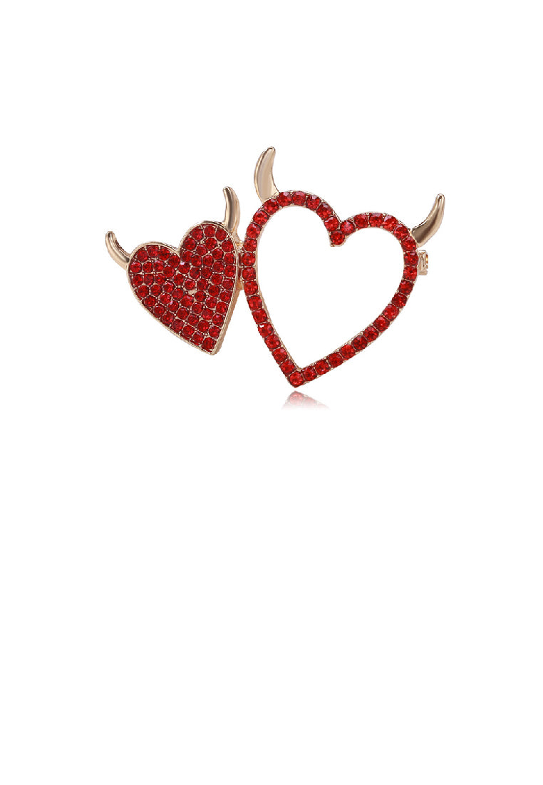 Brilliant Romantic Plated Gold Double Heart Brooch with Red Cubic Zirconia - Luxurious Look - Vibrant Color