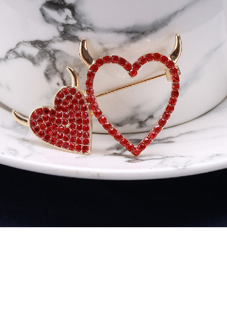 Brilliant Romantic Plated Gold Double Heart Brooch with Red Cubic Zirconia - Luxurious Look - Vibrant Color